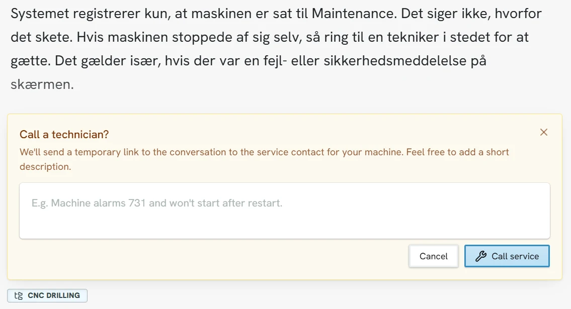 Panelet til at tilkalde en tekniker i Opti Assist, med plads til en kort beskrivelse