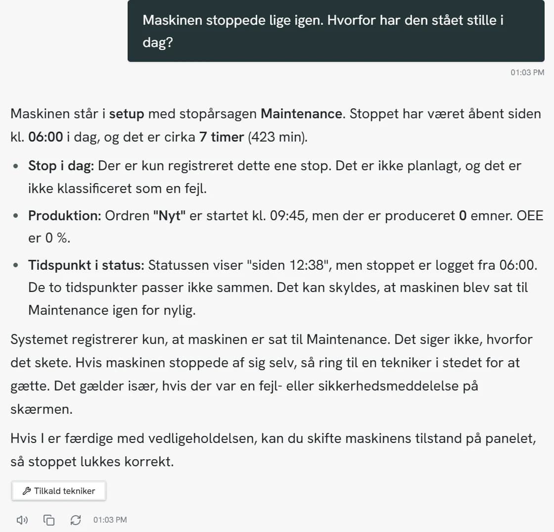 Opti Assist forklarer, at maskinen har stået i vedligehold siden kl. 06:00, med ordre og OEE